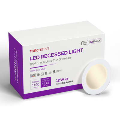 6" 12W (100W Eqv.) LED Recessed Light, Dimmable Slim LED Canless Ceiling Downlight with J-Box, IC Rated, 4000K Cool White