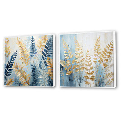 Fougères bleues et dorées Symphonie II - ensemble de 2 collages carrés de fougères