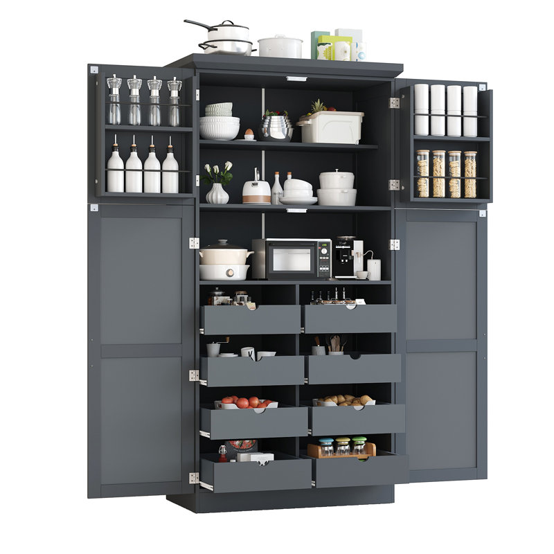 Armoire de cuisine autoportante, armoire de rangement haute avec 4 portes, 2 tablettes de porte, 8 plateaux coulissants et tablette réglable