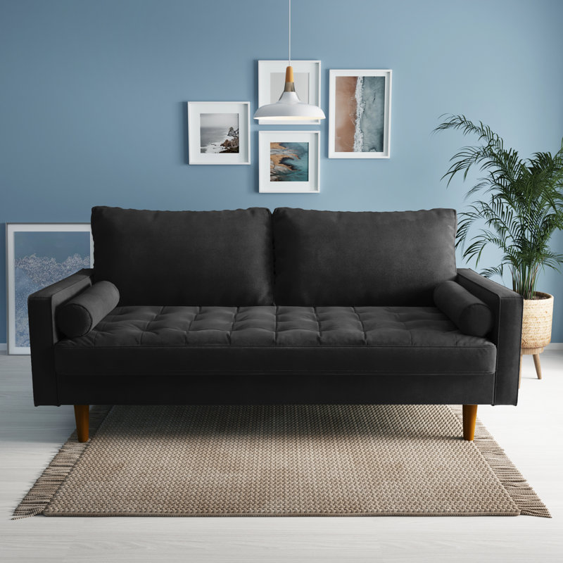 Sellner 70" Velvet Square Arm Tufted Seat Sofa, Black Velvet