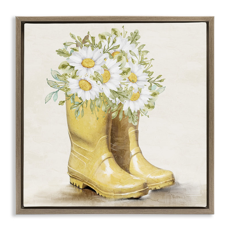 «Sunny Garden bottes», art mural encadré par Kim Allen, Cadre flottant orme Montalcino, H 25 po x l 25 po