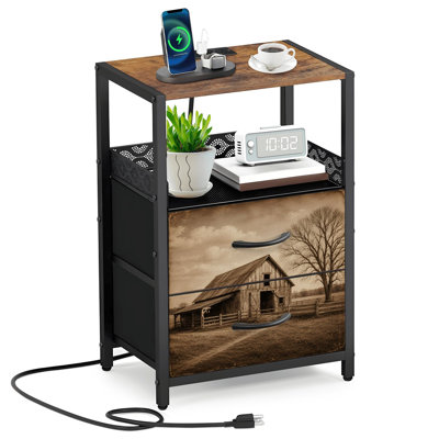 Table de chevet 2 tiroirs en tissu avec station de charge Farmhouse Highland Cow Barn Windmill Straw Bales Longhorn