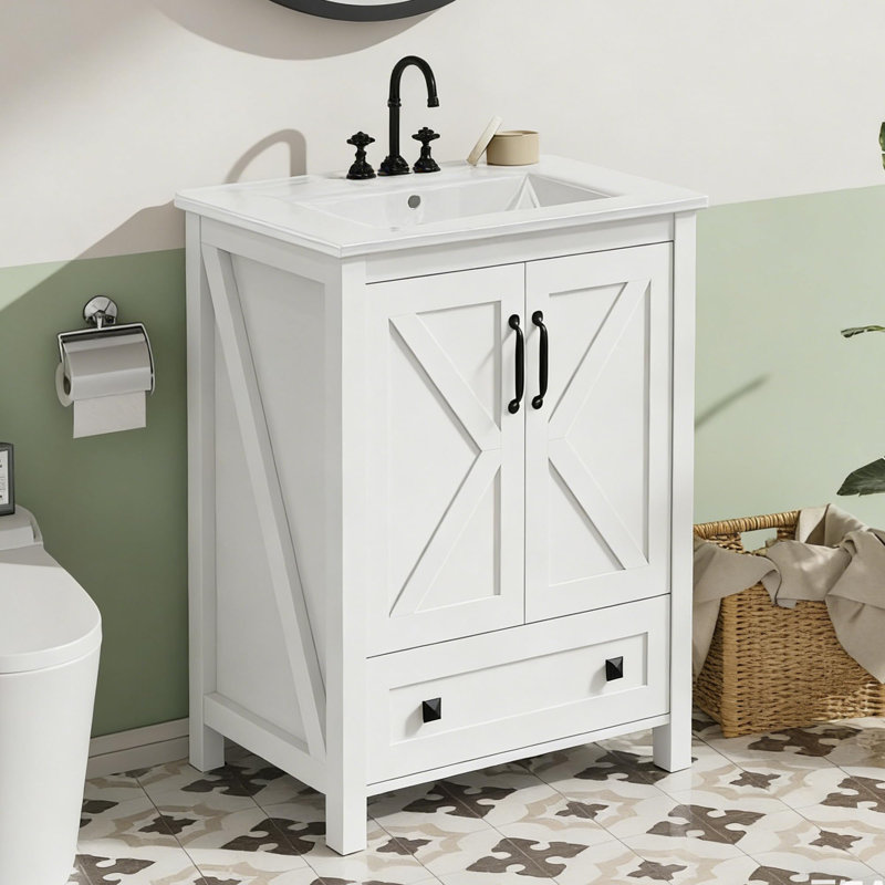 Modern Bathroom Vanity Set – 30 Inch Freestanding Cabinet with Ceramic Basin, 2 Doors & 1 Storage Drawer, Sleek Contemporary Design, Perfect for Home – White, 30 inches