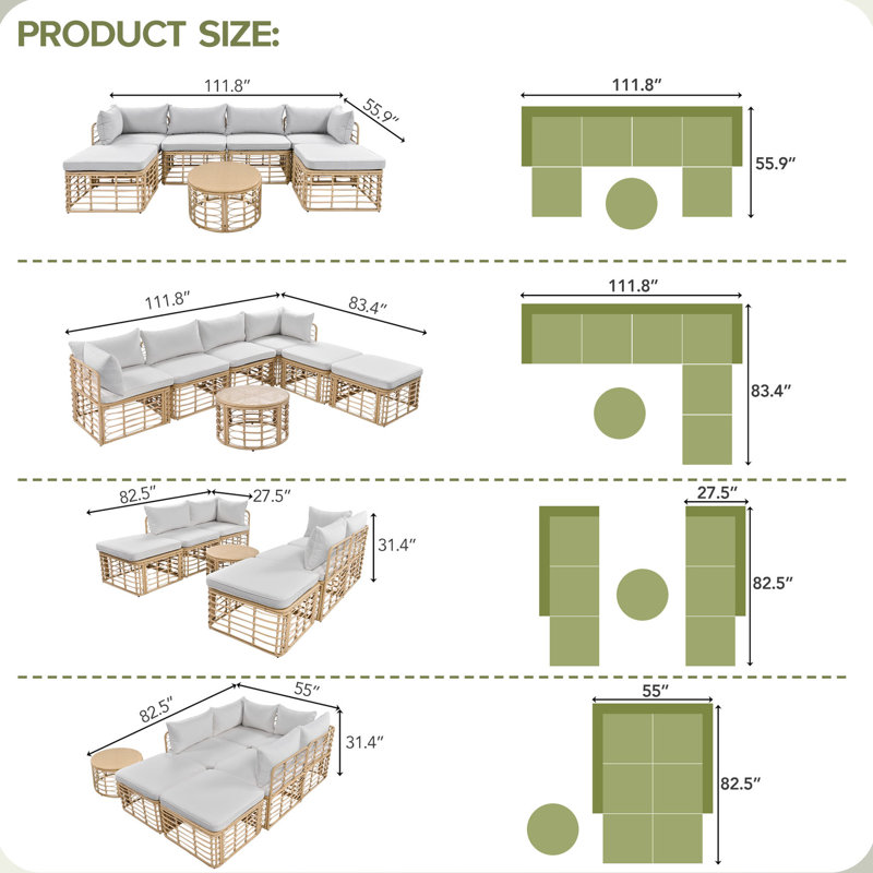 Balcon modulaire toutes saisons - 7 modulaires avec coussins et coussins 7 pièces d'extérieur différents pour le jardin, la cour