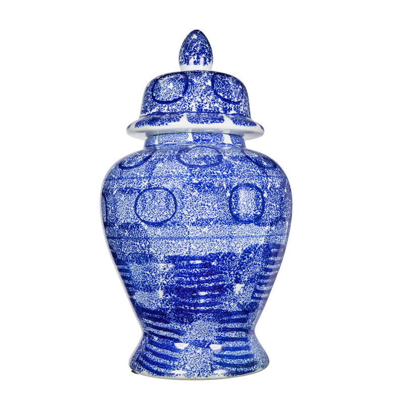 Pot à gingembre Jonah, motifs circulaires mouchetés, porcelaine bleu-blanc 17 pouces