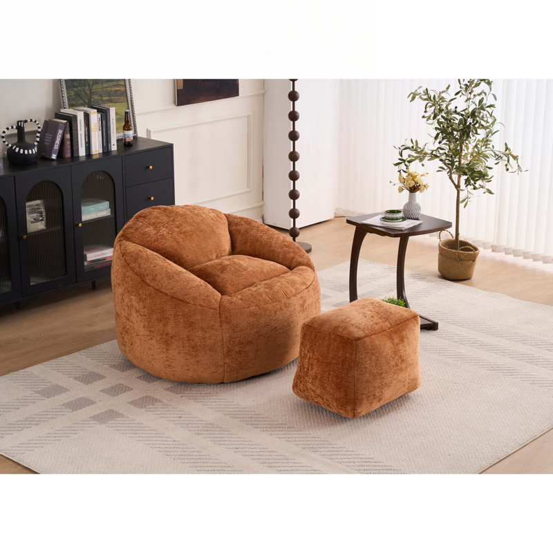 Chenille Bean Bag Chair with Ottoman, Orange Chenille
