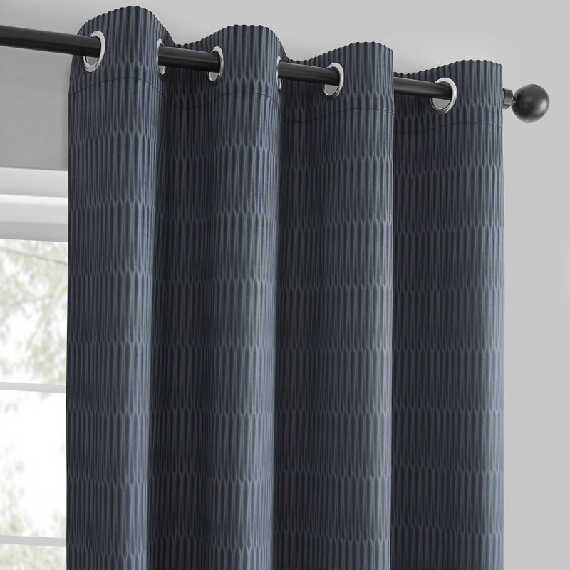 Akhras Plush Lines Embossed Grommet Velvet Room Darkening Curtains - Single Panel Drapes, 50" W x 96" L, Deep Blue