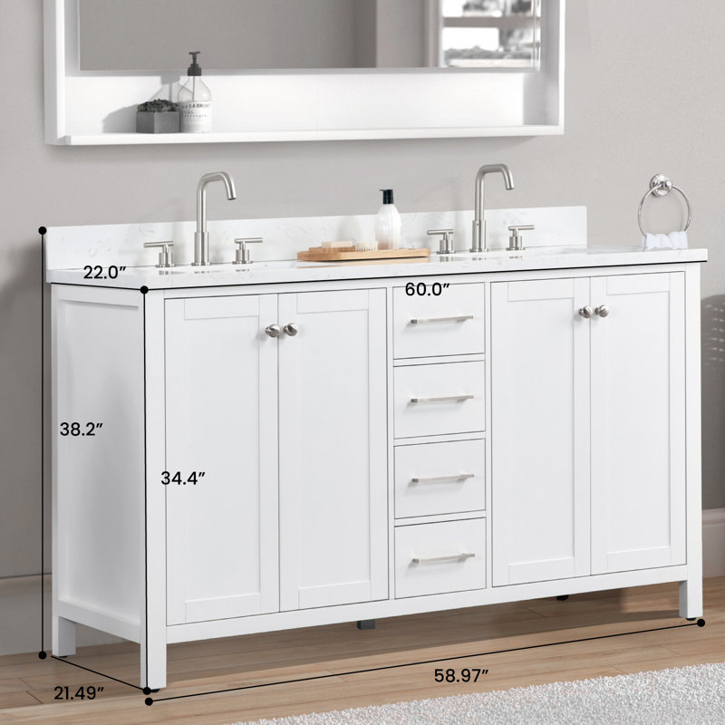Modern Full Assembled 60"Bathroom Vanity With Sink Engineered Stone Top 4"Backsplash Freestanding Cabinet