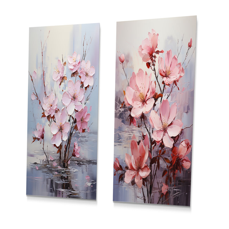 Ensemble de salon en métal rose et gris avec fleurs de sérénité I - Fuschia, H 28 po x l 24 po