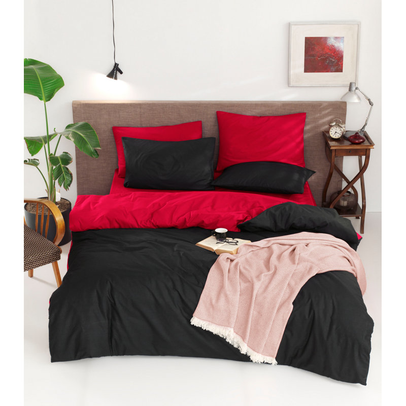 Ensemble de housse de courtepointe luxe simple Ranforce XXL, 100% coton, rouge bordeaux et noir | Housse de couette 61 x 87, taie d'oreiller 31,5 x 31,5 | Lavable à la machine, 142 fils, fermeture à boutons pour la couette, fermeture à enveloppe pour l