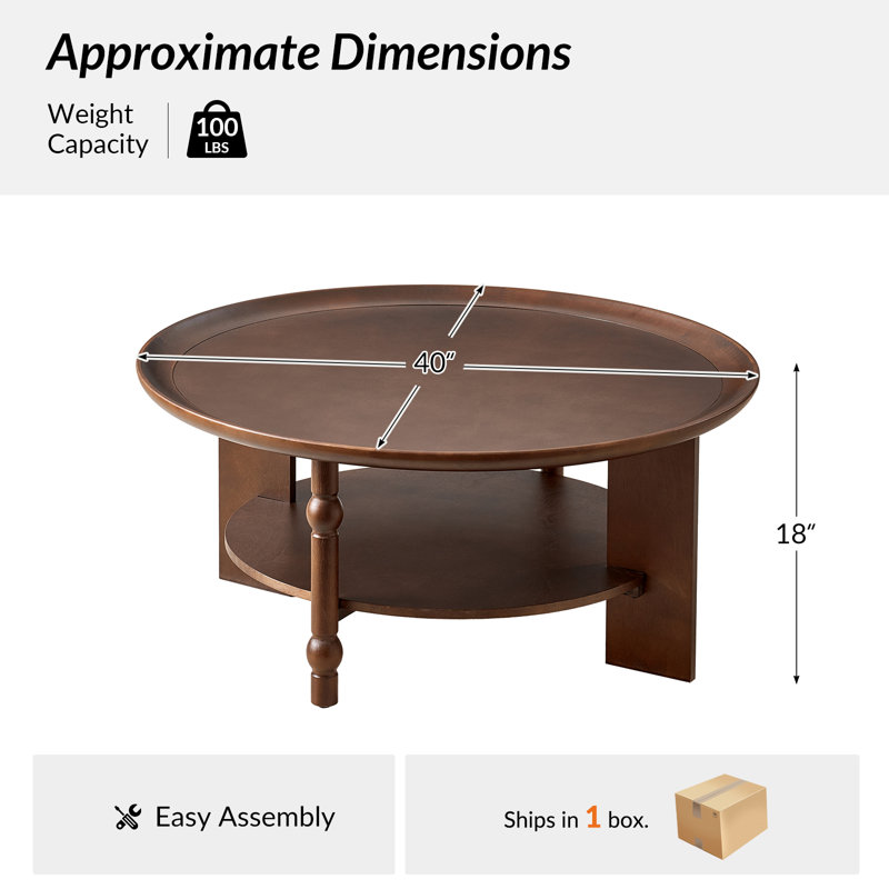 Table basse ronde transitionnelle unique à conception à broches tournées et pieds de dalle de 40 po avec tablette de rangement