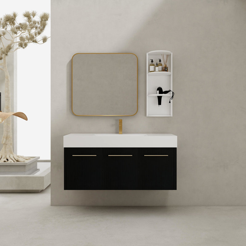 Meuble-lavabo mural de 48 po avec lavabo en résine à rebords épais, armoire de rangement à trois portes, support séparé, matériau Scratch: lavabo, plan