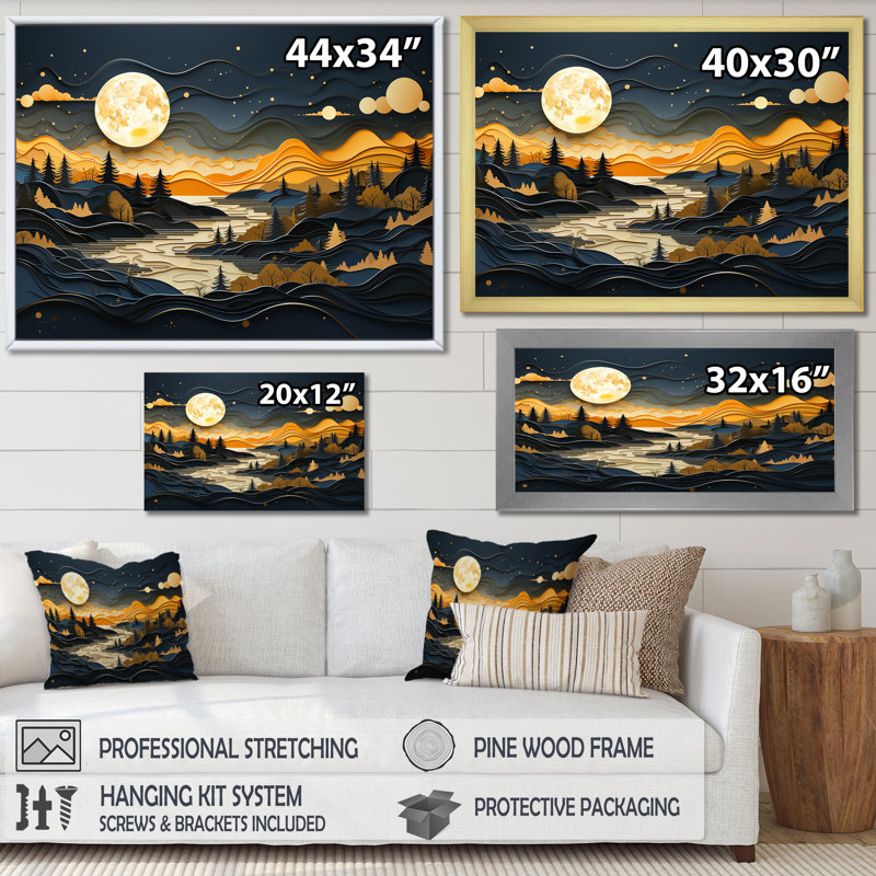 «Yellow and Black Mountains River Serenity III - River», reproduction d'art sur toile, Cadre flottant brun
