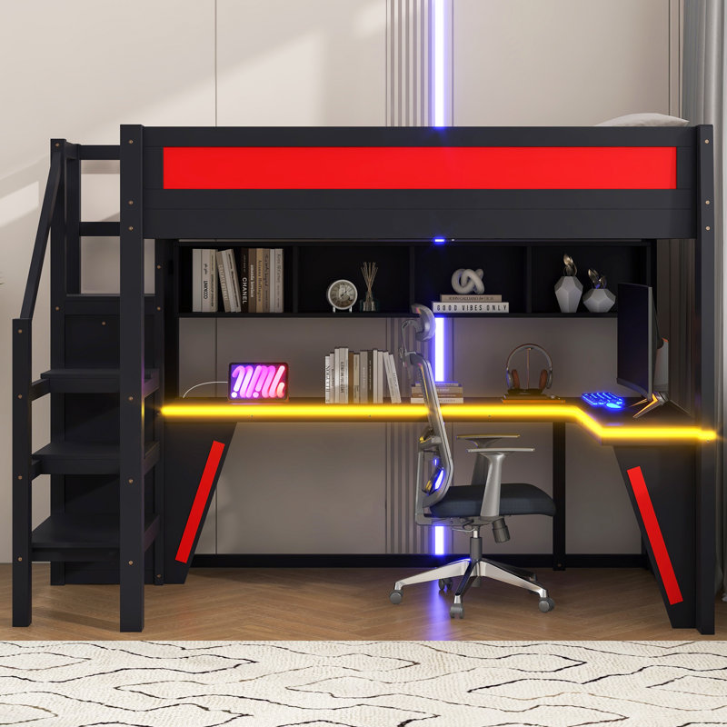 Lit mezzanine avec bureau, lumière DEL et station de charge, Noir et rouge