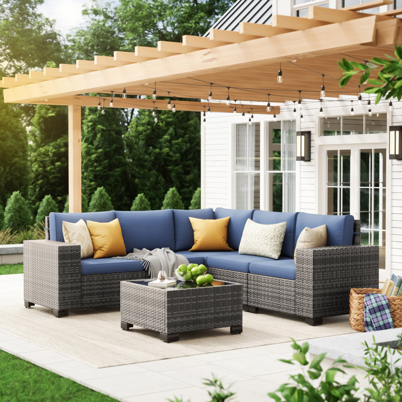 Ensemble de conversation modulaire en osier pour 5 personnes avec coussins, Coussin bleu marine / structure grise