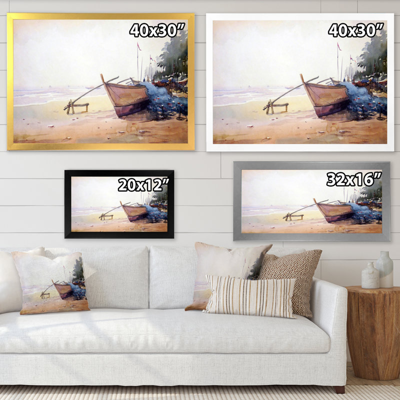 Bateaux de pêche dans le port - Peinture sur toile, H 16 po x l 32 po x P 1 po, Cadre doré