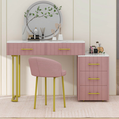 Bureau de coiffeuse en velours avec fauteuil rembourré, coiffeuse moderne à 5 tiroirs, armoire de rangement réglable gauche / droite