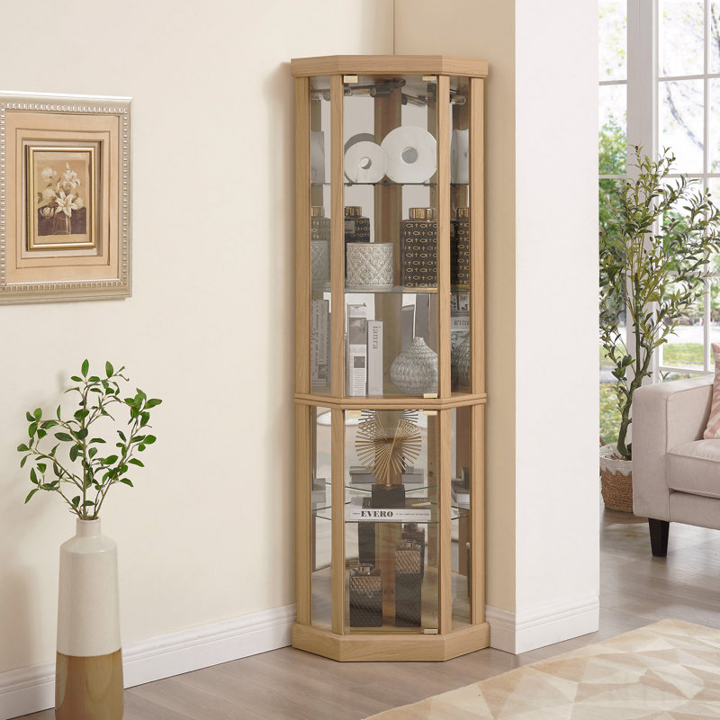 Antique Glass Corner Cabinet, Elegant Display Case For Living Room & Bar Storage, For Collections & Wine, Natural