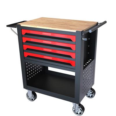 Heavy Duty 4 Drawers Tool Trolley With Wheels And Wooden Top - Adjustable Shelf, Colossal Garage Storage Solution 4 Cart Workshop