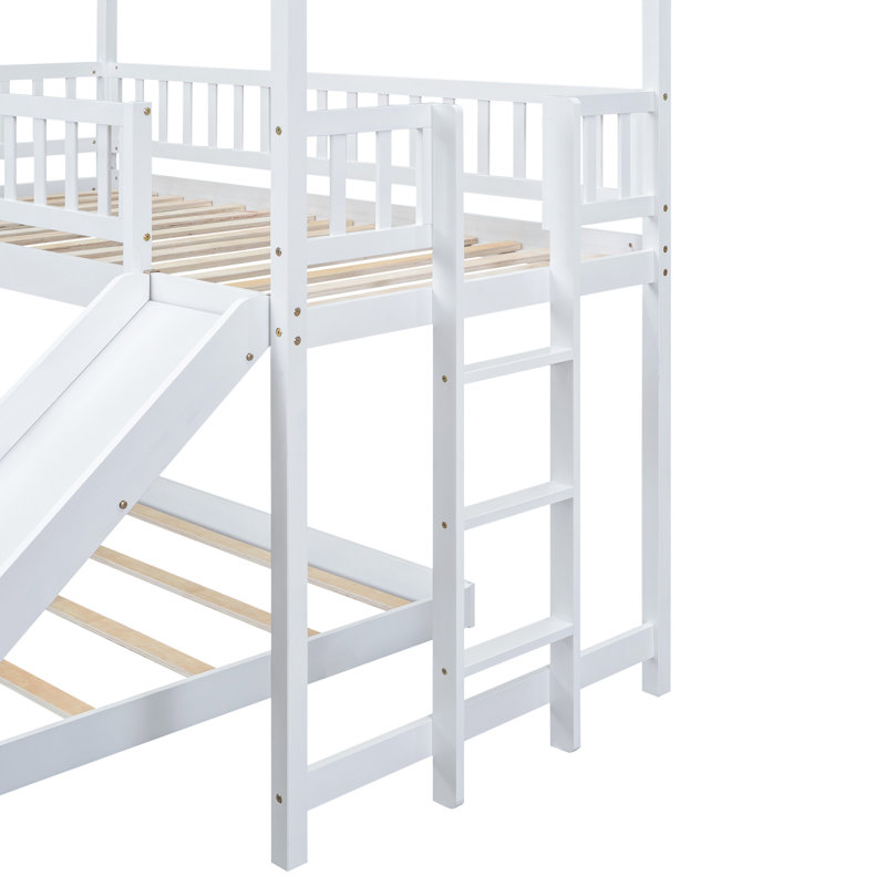 Lit superposé simple au-dessus d'une chambre double avec glissade et échelle intégrée, garde-corps pleine longueur, Blanc