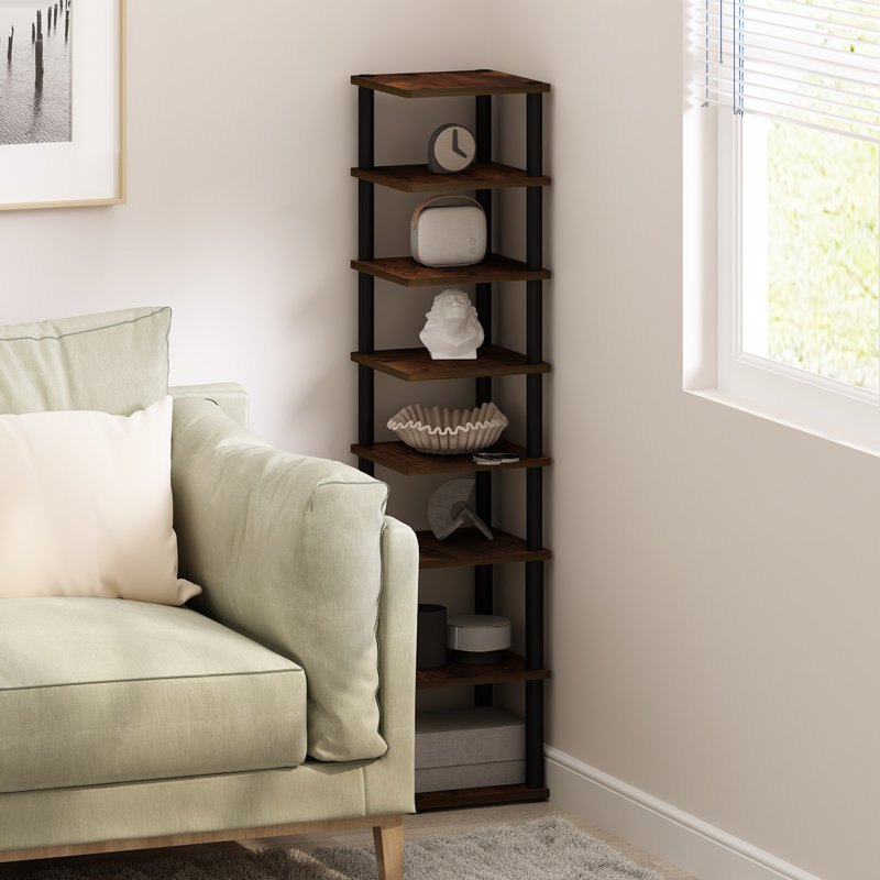 Creekside 8-Tier Vertical Space Saving Free Standing Corner Shelf, Display Rack, Black, Amber Pine/Black