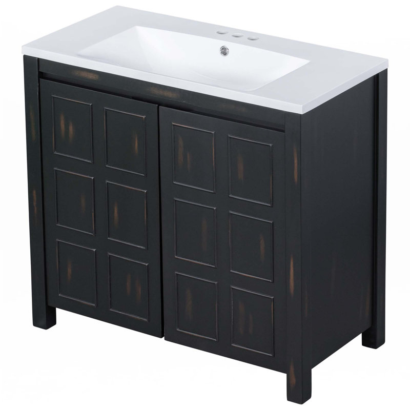 Petit ensemble de meuble-lavabo de style vintage 36 "avec lavabo en céramique, 2 portes à fermeture douce, Espresso