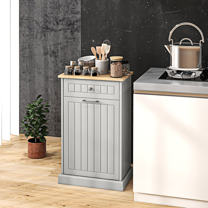 Gray Oak Kitchen Tilt Out Trash Bin Cabinet with Drawer