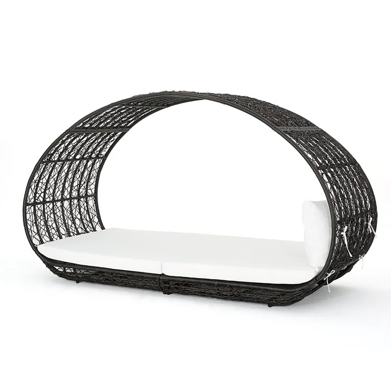 Patio Canopy Daybed For Garden - 2-person Seating, Multi Brown Wicker + Beige Waterproof Cushion, Weather-resistant Frame