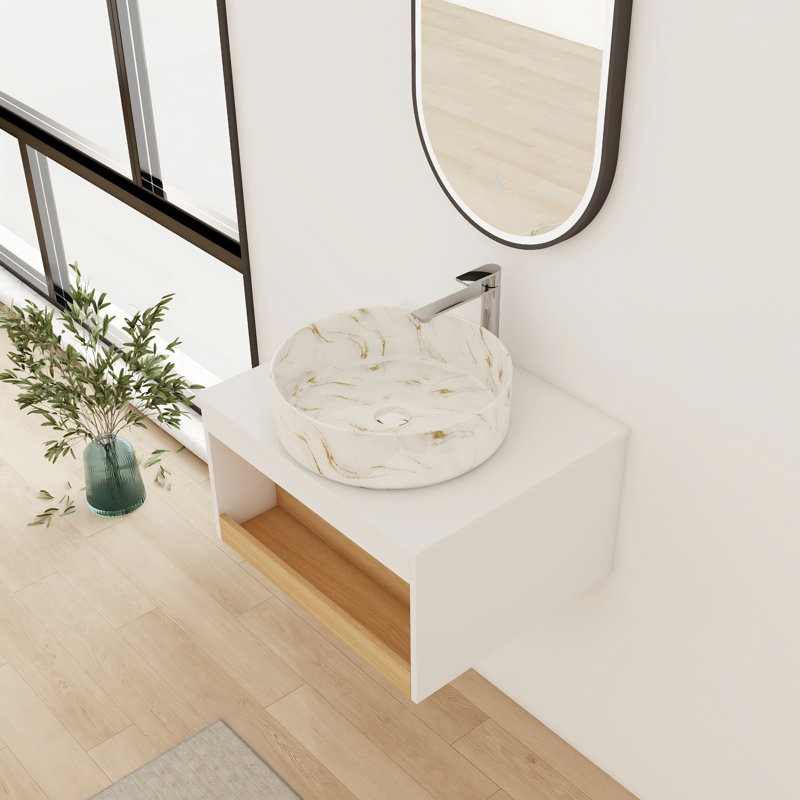 Meuble-lavabo simple 24 po avec lavabo vasque en céramique, Black with white patterns, 24"