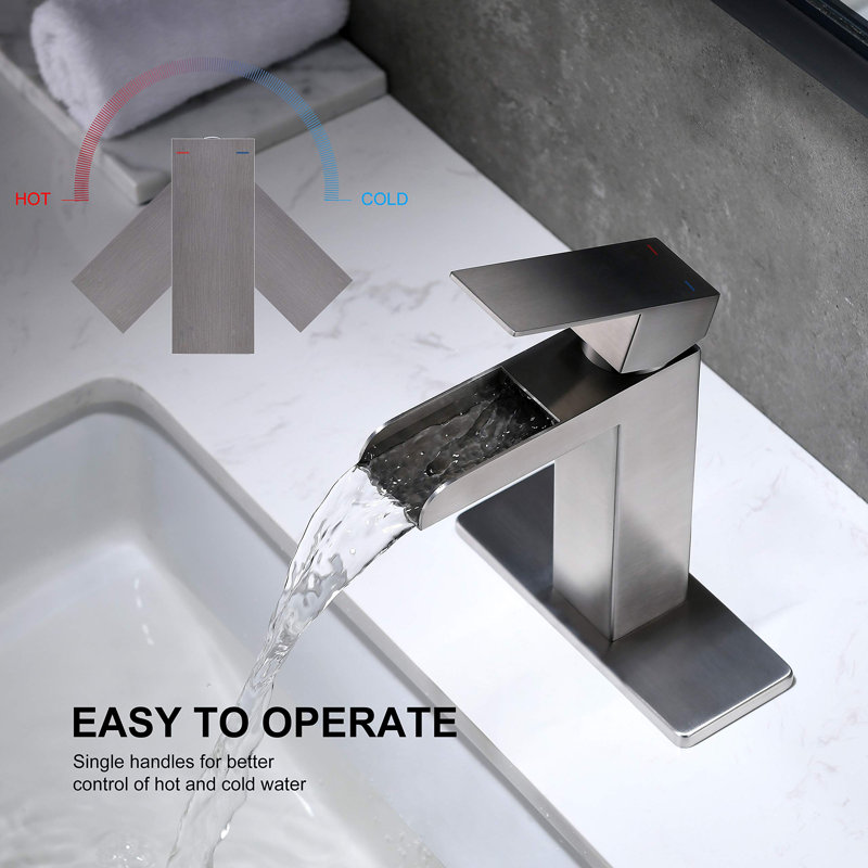 Robinet de lavabo de salle de bain à poignée simple avec bonde escamotable Waterfall, Nickel brossé