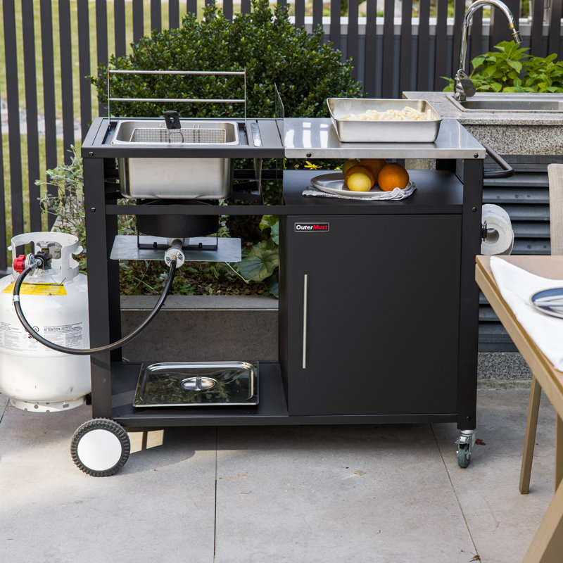 Chariot de gril extérieur mobile OuterMust avec friteuse au propane intégrée de 85 000 BTU et armoire de rangement, îlot de cuisine multifonctionnel en acier inoxydable conçu pour les barbecues, la cour, le patio et le camping