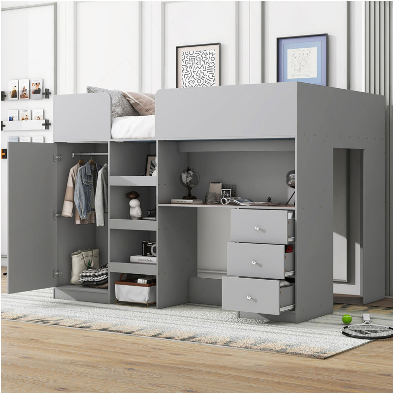 Lit mezzanine double en bois avec garde-robe intégrée, bureau, tablettes et tiroirs de rangement, gris