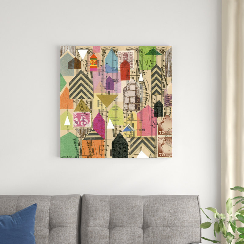«Stamped House I» par Nikki Galapon - peinture sur toile tendue, H 30 po x l 30 po