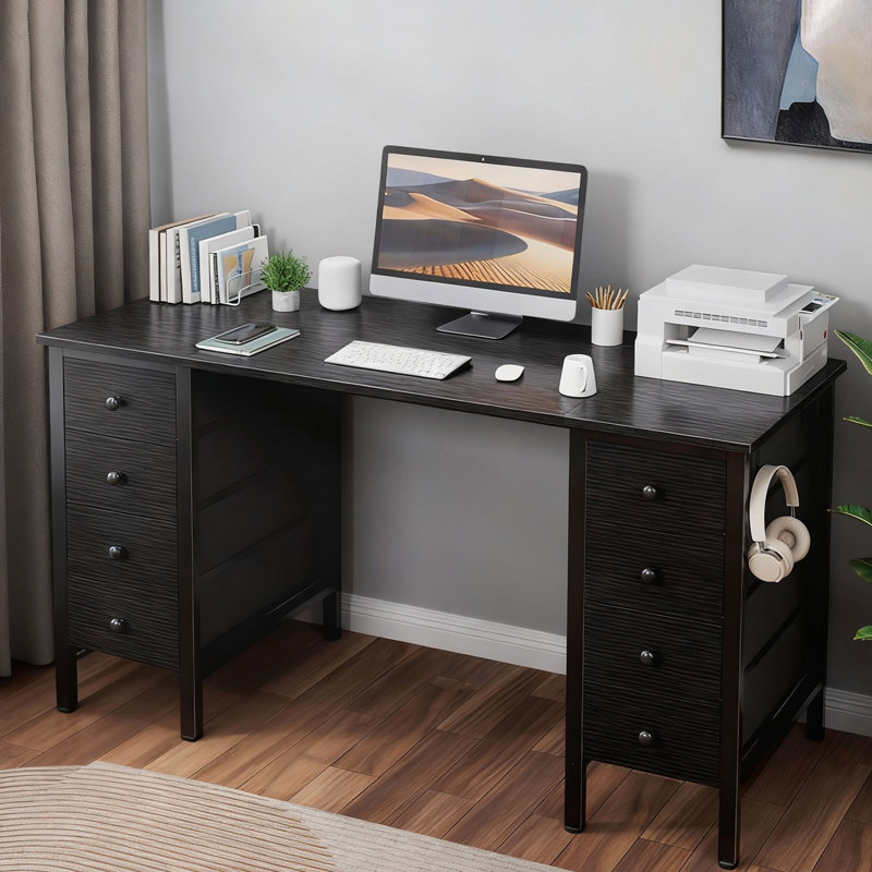 Bureau d'ordinateur avec tiroirs, Bureau d'écriture avec tiroirs, Noir