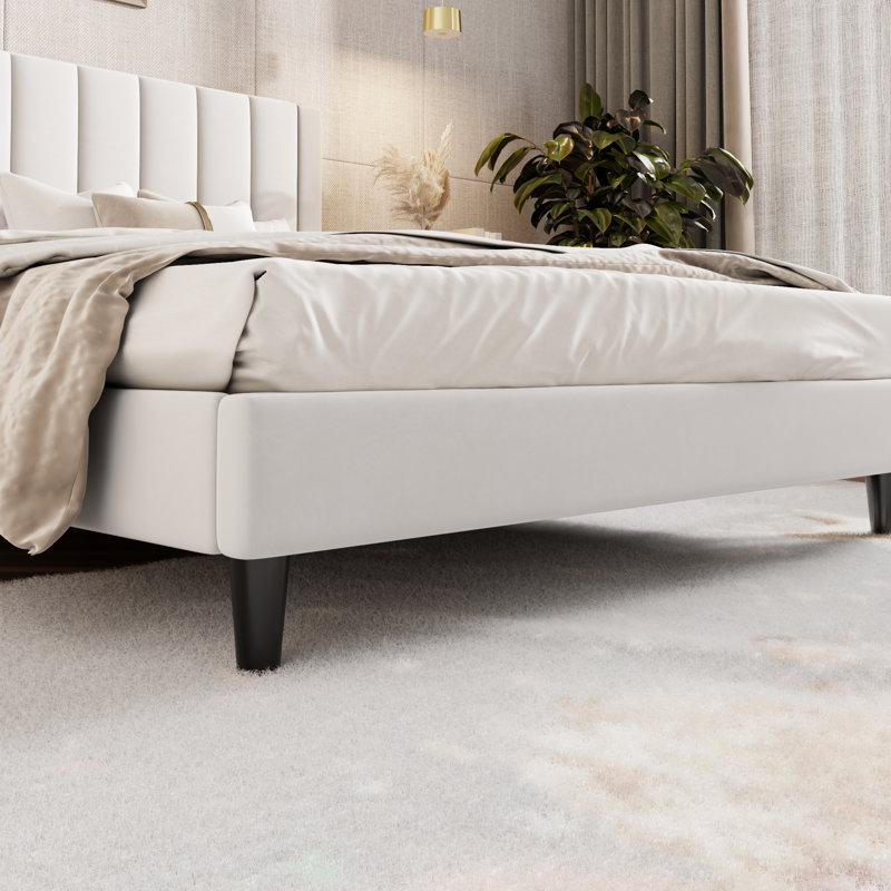 Stauton Upholstered Platform Bed with Velvet and Striped Headboard