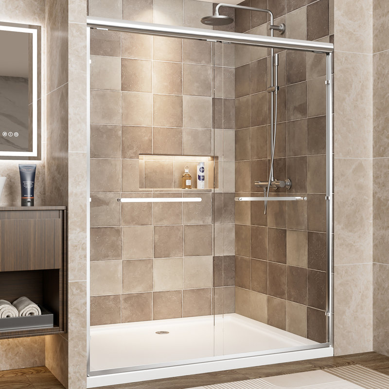 Aluminum Frame Double Sliding Shower Door, 60" Width, 72" Height, 1/4" (6mm) Tempered Glass With - Proof Film, Waterproof Design And Reversible, Bathroom Tall Door 6mm Clear Shatter Corrosion