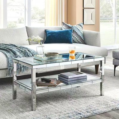 W 39.5" X D 19.5"X H 19.5" 2-Layer Crystal Mirror Stainless Steel Frame Coffee Table For Use In Offices Shops Living Rooms Or Bedrooms