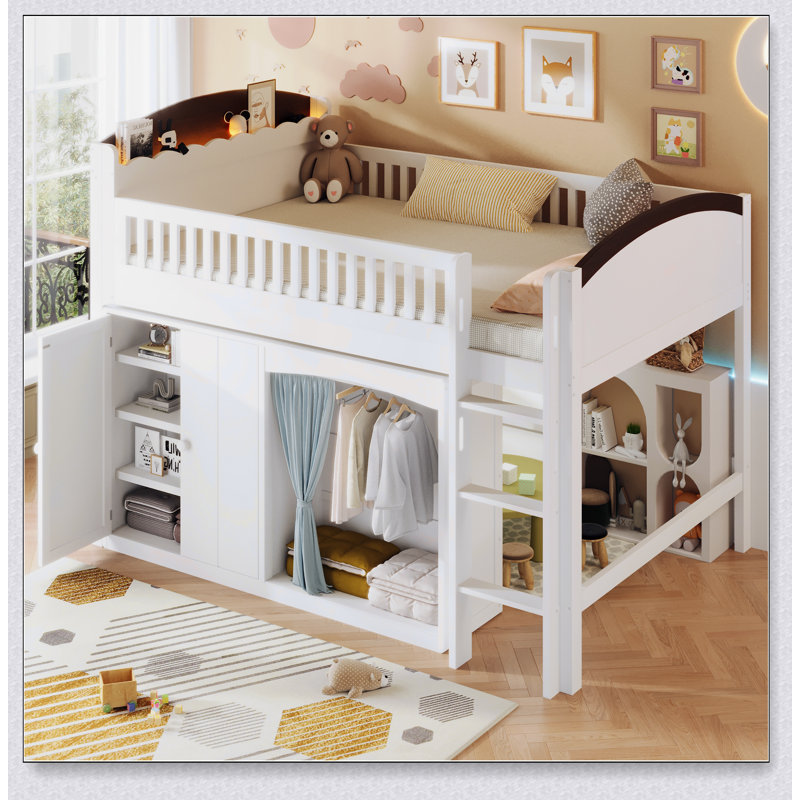 Loft Bed With Storage Cabinet, Wardrobe And LED And Espresso, Lit double, Blanc