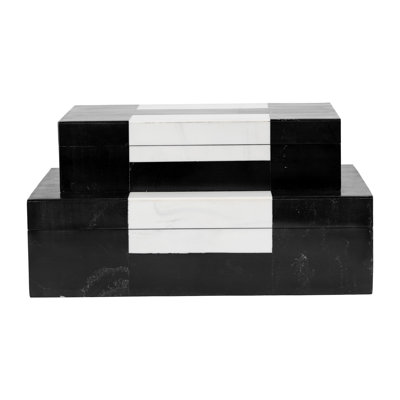 Ensemble de 2 boîtes de rangement noires et blanches à motif simple en polyrésine de 10 po et 12 po assorties