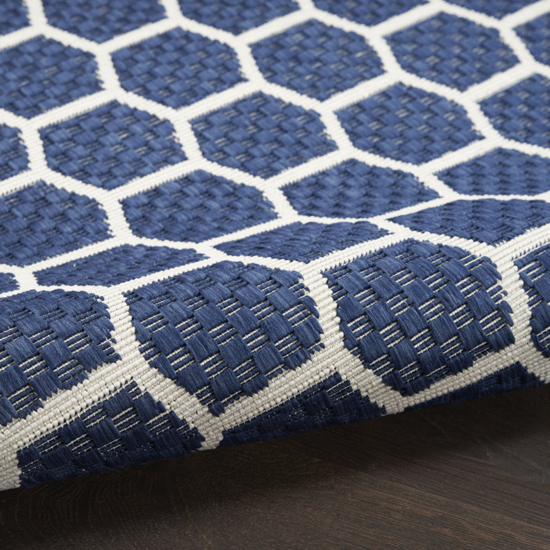 Kurmanbek Geometric Reversible Indoor / Outdoor Area Rug in Navy, Runner 2' x 6'