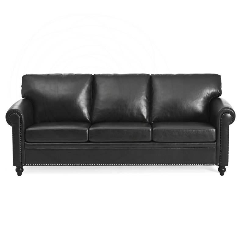 Canapé 3 places en polyuréthane avec ressorts ensachés et garniture cloutée, Black PU Faux Leather