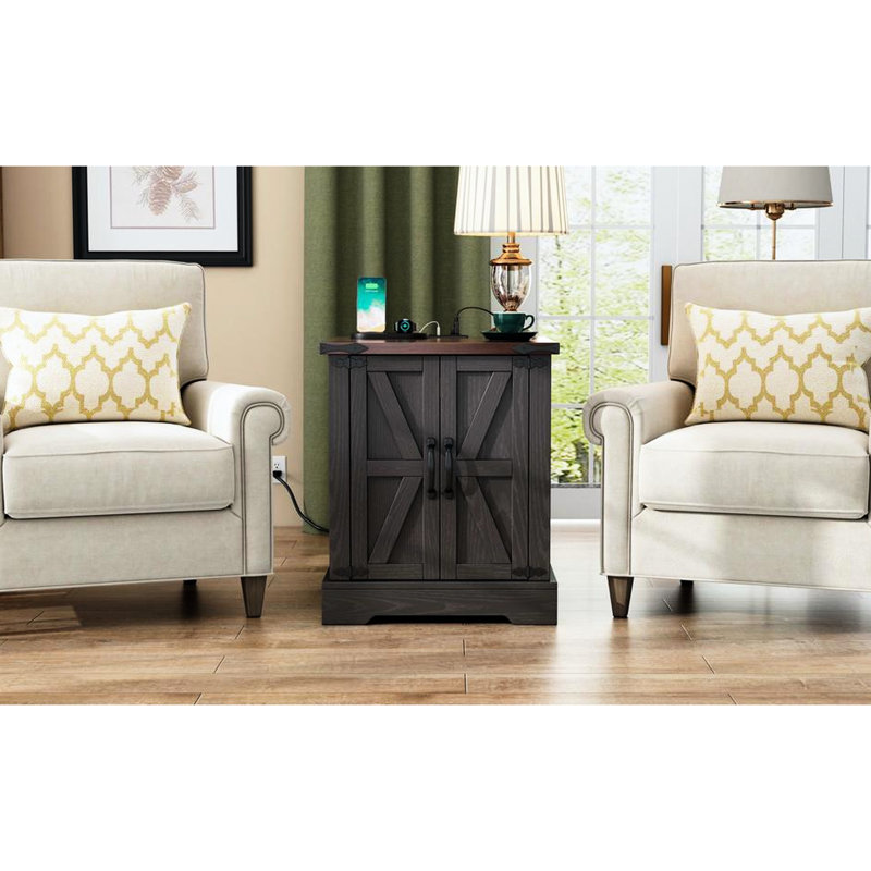 Table de bout rustique en noyer avec station de charge, Gris