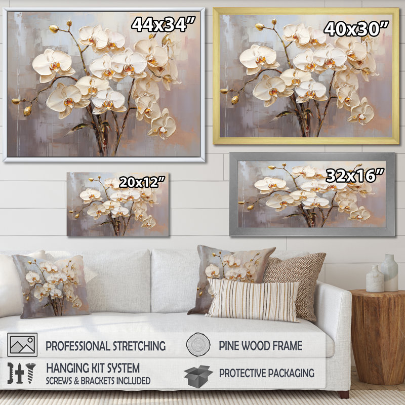 Minimalisme beige et orchidées dorées I sur toile, Cadre flottant noir, H 16 po x l 32 po x P 1 po