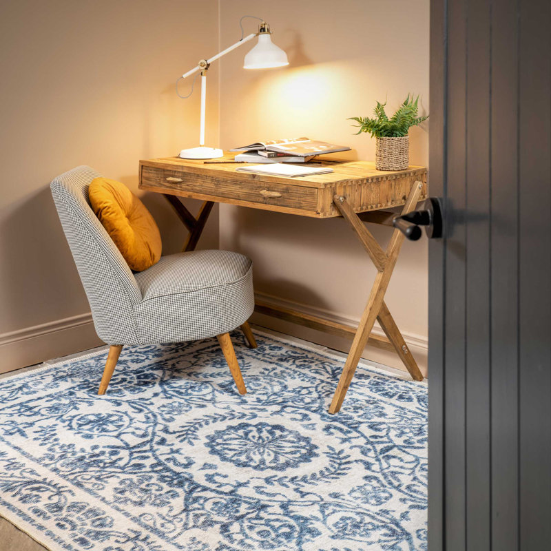 Machine Washable Beige Blue Traditional Damask Style Distressed Living Room Area Rug, Rectangle 120 x 170cm