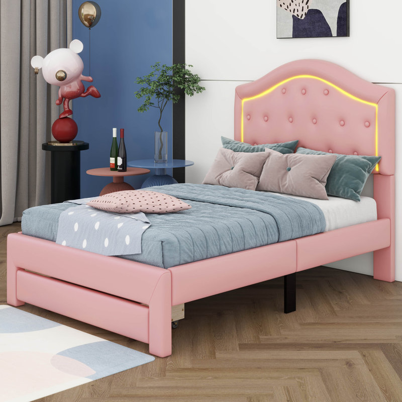 Lit plateforme tapissier avec tête de lit capitonnée, DEL et tiroir Jessy, Lit simple, Rose