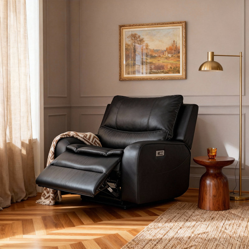 48.5'' Oversized Faux Leather Power Recliner with Adjustable Headrest, Black Faux Leather