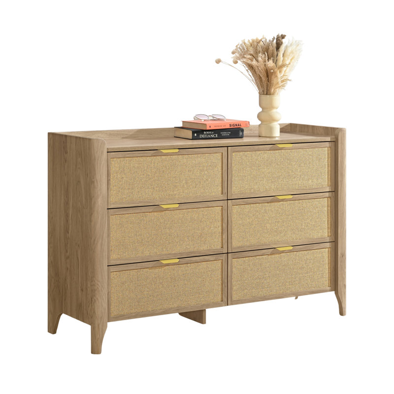 Rattan 6 Drawer Dresser for Bedroom, 47.2″ W Modern Wide Chest of Drawers, Wood Storage Organizer for Clothes, Entryway, Hallway, Nursery or Living Room, Oak