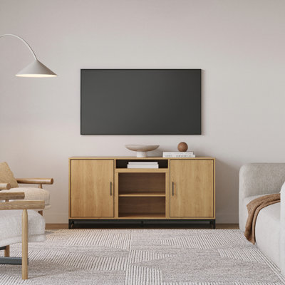 Modern Ember Rochester TV Stand in White Oak - Holds 60" TVs, 2 Cabinets, 3 Adjustable Shelves