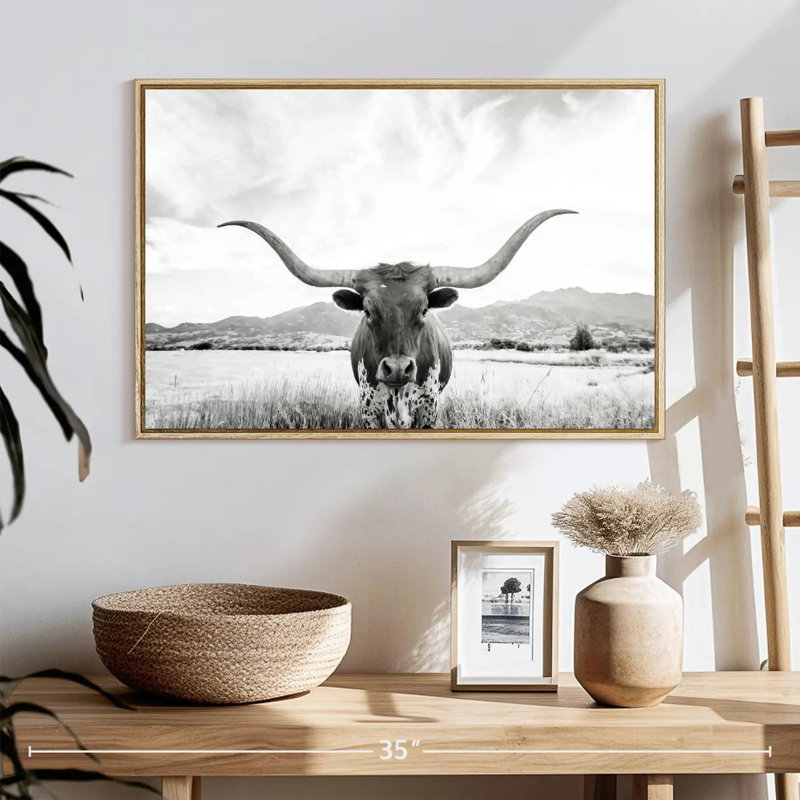 Longhorn Texas BW, 25 po x 17 po, Cadre flottant en bois naturel