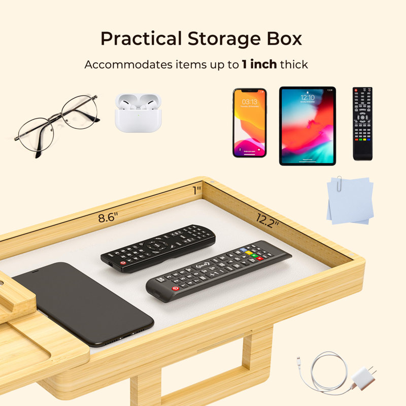 Bamboo Couch Arm Tray For Wide Couch, Sofa Arm Clip Table With Storage Box, Couch Armrest Tray With 360°Rotating Phone Holder